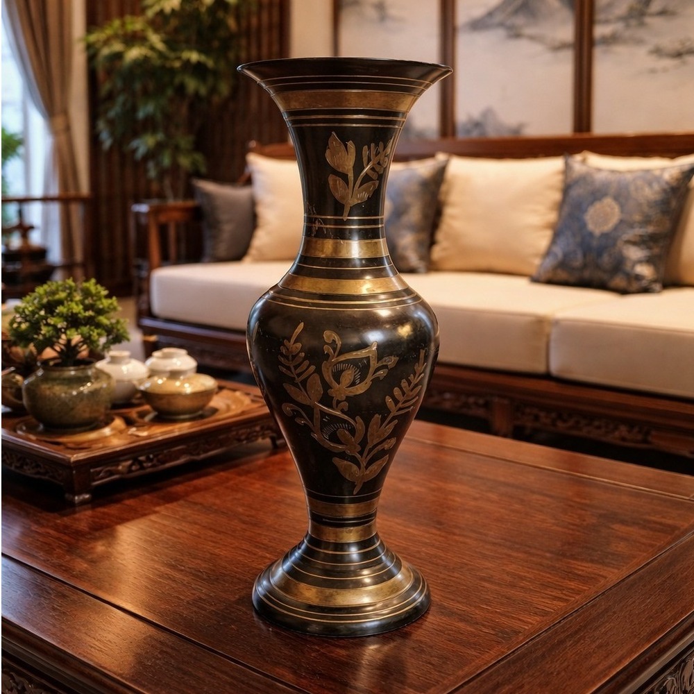 Vintage Black Gold Brass Bud Vase Etched Floral Made in India 10 Inch Decor